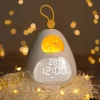 Réveil enfant oisillon avec veilleuse chaude allumée dans une ambiance de nuit Réveil enfant oisillon avec veilleuse chaude allumée dans une ambiance de nuit