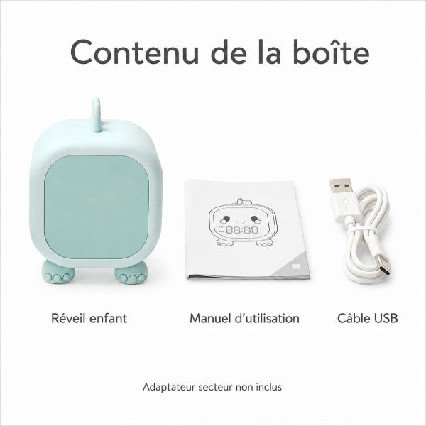 Contenu boîte réveil enfant dragon vert doux Contenu de la boîte du réveil enfant dragon vert doux avec manuel d’utilisation et câble USB