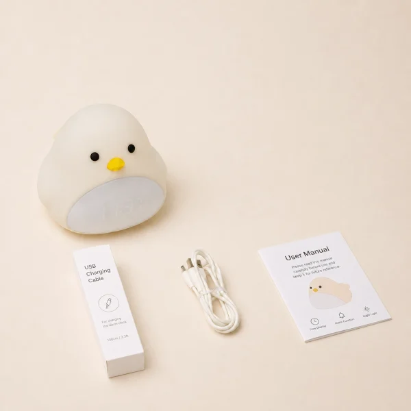 Contenu boîte réveil enfant oiseau câble USB Contenu de la boîte du réveil enfant oiseau avec câble USB et manuel d’utilisation