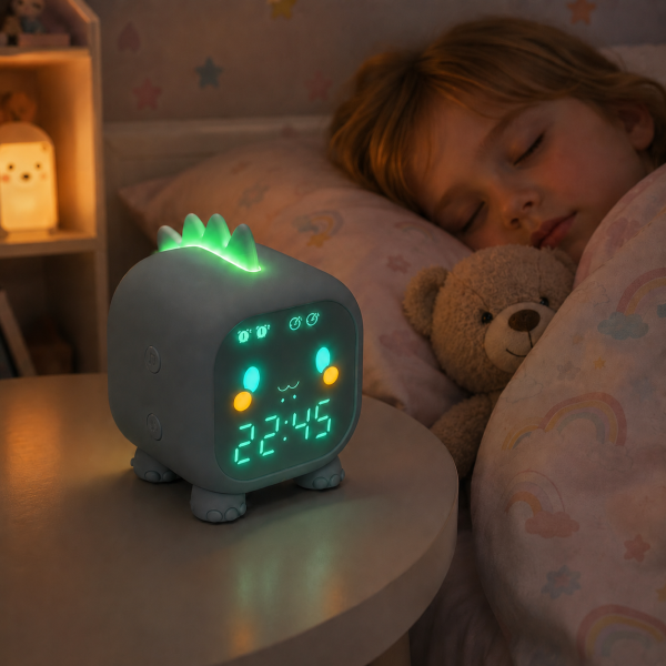 Réveil enfant dragon bleu câlin dans une chambre d’enfant Réveil enfant dragon bleu câlin posé sur une table de chevet dans une chambre d’enfant, avec veilleuse allumée à 22h45