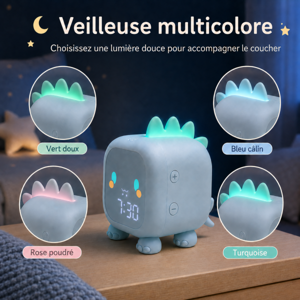 Réveil enfant dragon veilleuse multicolore Réveil enfant dragon avec veilleuse multicolore et lumière turquoise, bleue, verte et rose