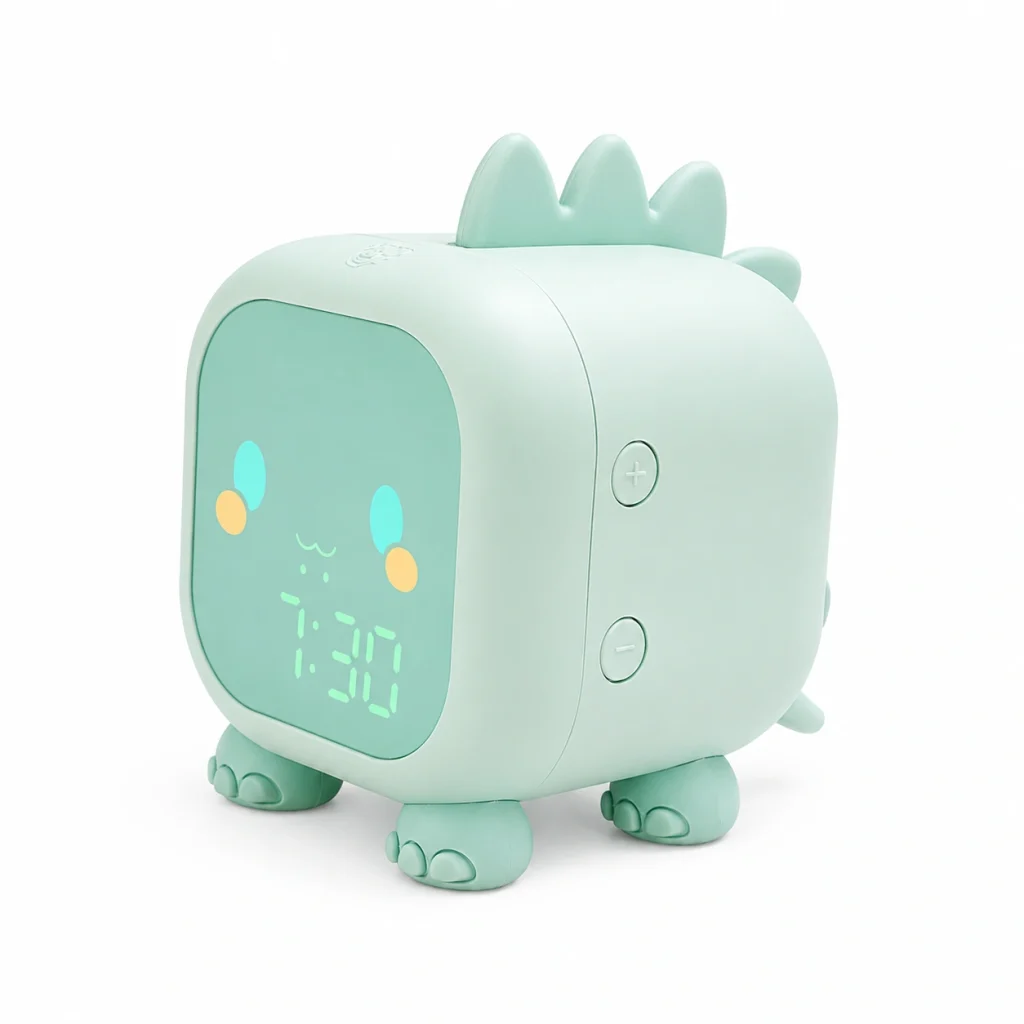 Réveil enfant dragon vert doux avec affichage lumineux sur fond blanc