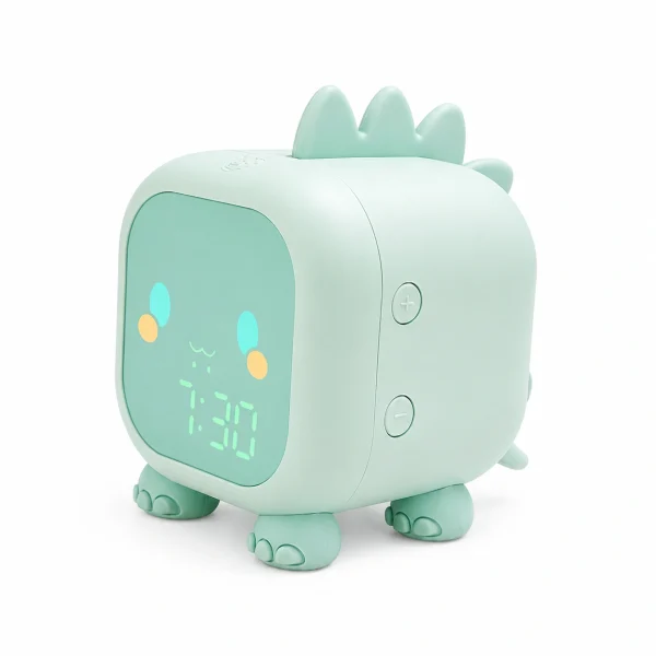Réveil enfant dragon vert doux avec affichage lumineux sur fond blanc
