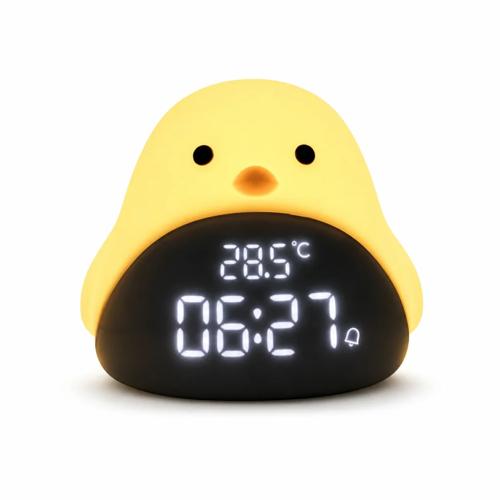 Réveil enfant oiseau allumé sur fond blanc avec affichage digital et veilleuse chaude