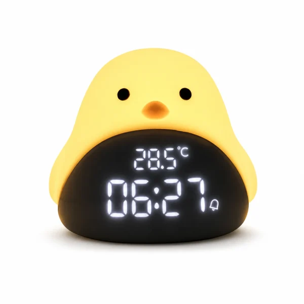 Réveil enfant oiseau allumé sur fond blanc avec affichage digital et veilleuse chaude