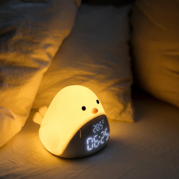 Réveil enfant oiseau veilleuse lumière chaude Réveil enfant oiseau allumé avec veilleuse chaude posé sur un lit dans une chambre, ambiance douce et rassurante