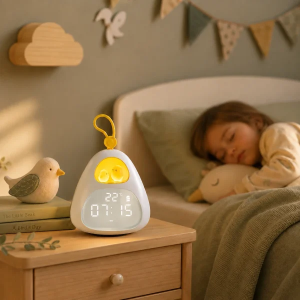 reveil-enfant-oisillon-chambre-enfant-ambiance-douce Réveil enfant oisillon posé sur une table de nuit dans une chambre d’enfant avec ambiance douce et veilleuse rassurante
