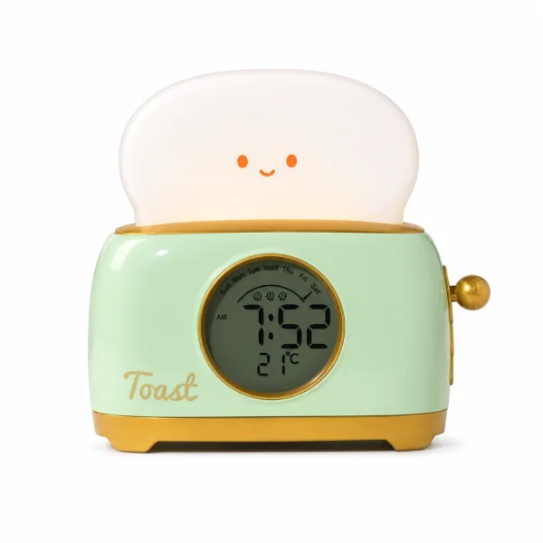 Réveil enfant toast vert tendre sur fond blanc