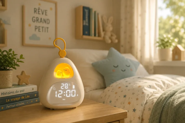 Réveil enfant sur une table de chevet dans une chambre douce au réveil