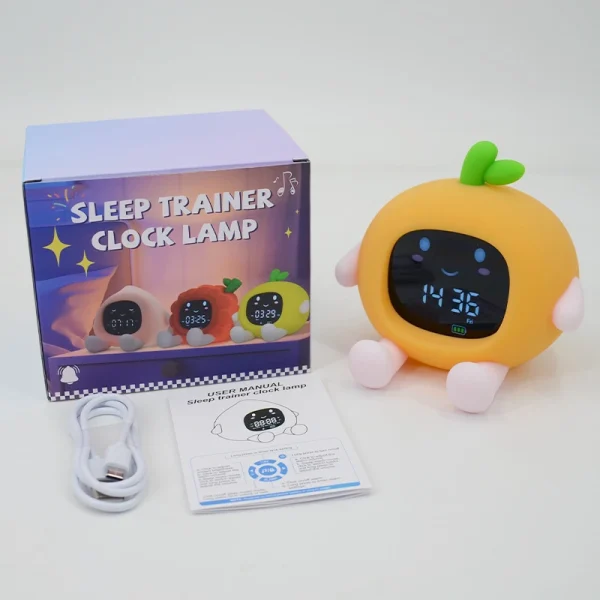 Réveil fruit orange pour enfant avec boîte, câble USB-C et notice d’utilisation
