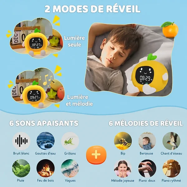 Réveil fruit avec deux modes de réveil, six sons apaisants et six mélodies d’alarme